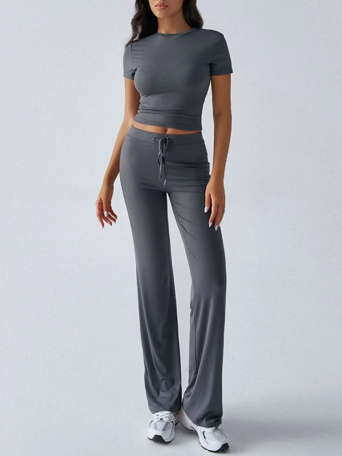 Round Neck Short Sleeve Top and Pants Set OutfitFlow