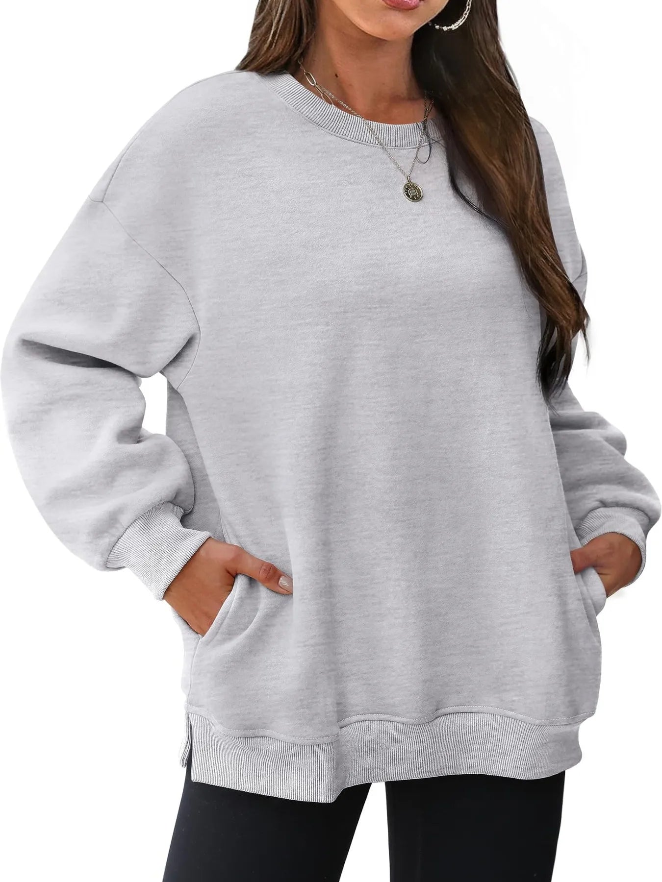 Oversized Long Sleeve Crewneck Sweatshirt Grey OutfitFlow