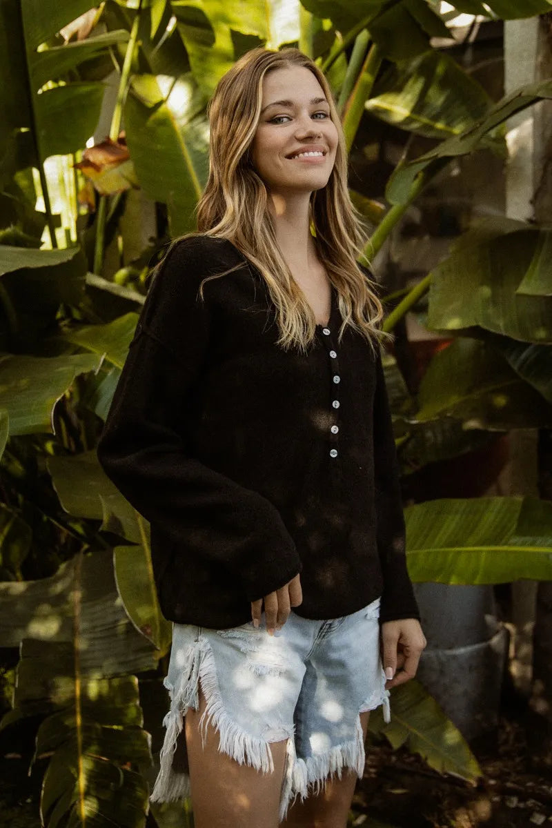 BiBi V Neck Sweater Top With Button Details OutfitFlow