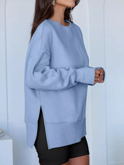 Side Slit Round Neck Long Sleeve Sweatshirt OutfitFlow