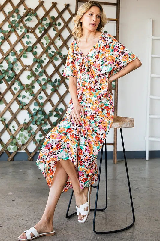 Lime 'N' Chili Floral Print Sweetheart Neck Tie Front Midi Dress OutfitFlow