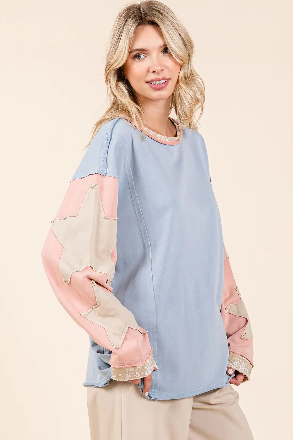 Mittoshop Star Patch Long Sleeve Colorblock Mineral Wash Top OutfitFlow
