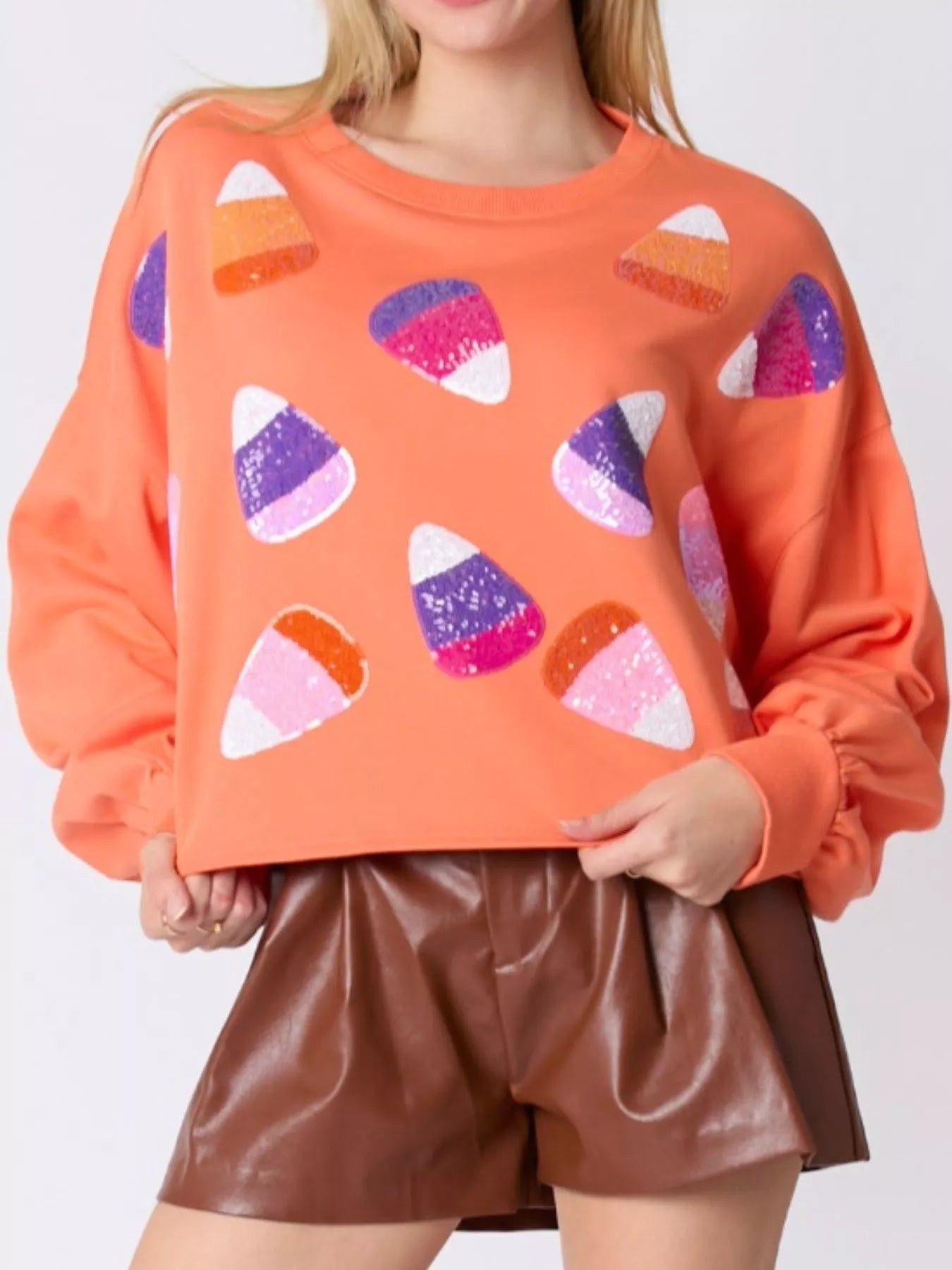Halloween Candy Sequin Long-Sleeve Sweatshirt OutfitFlow