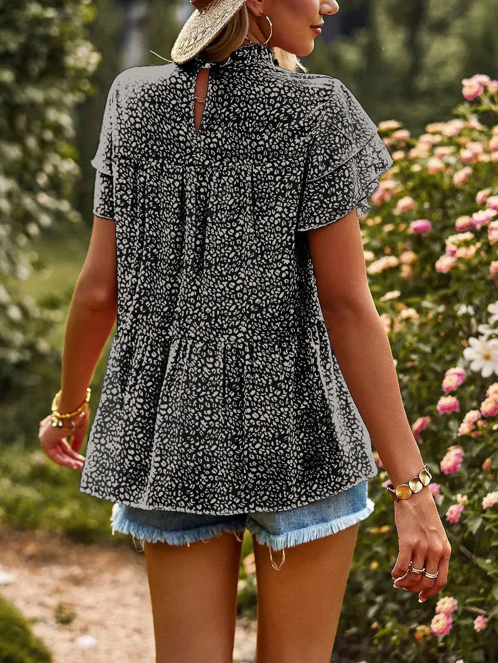 Printed Ruffle Sleeve Babydoll Blouse OutfitFlow