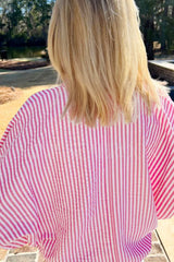 Striped Print Contrast Split Neck Dolman Sleeve Blouse OutfitFlow