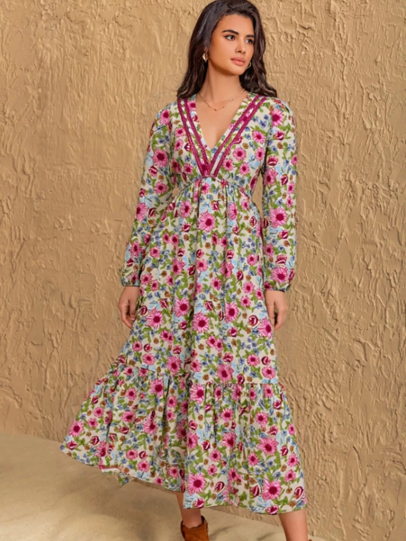 Floral Print V-Neck Bohemian Midi Dress OutfitFlow