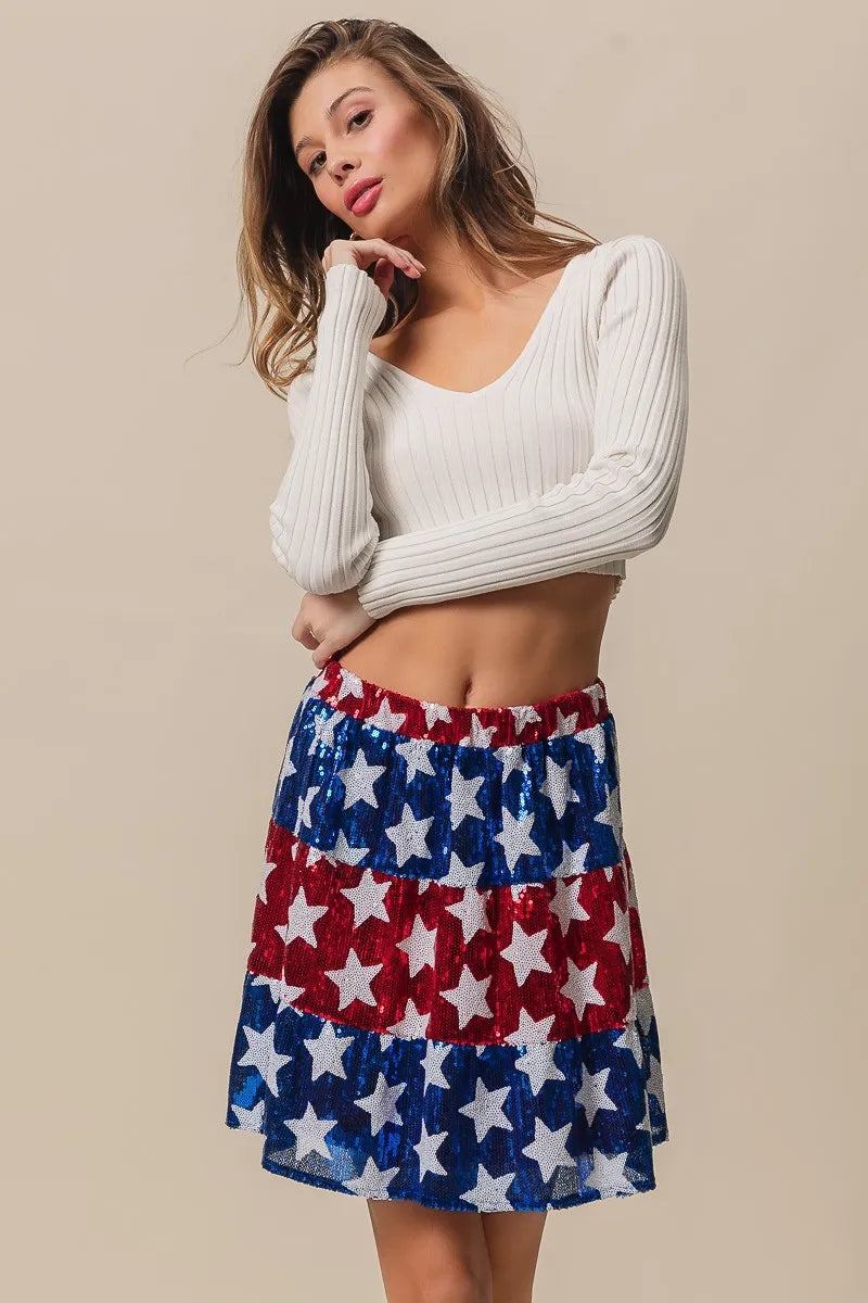 BiBi American Flag Theme Star Sequin Tiered Skirt OutfitFlow