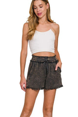 Zenana Mineral Frayed Hem Washed Shorts OutfitFlow