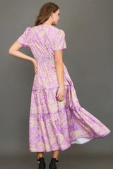 Umgee Full Size Printed Notched Short Sleeve Tiered Dress Plus Size OutfitFlow
