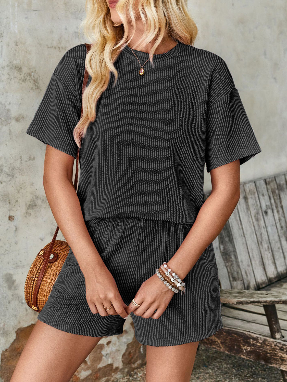 Outfit Flow - Lovelet Textured Round Neck Short Sleeve Top and Shorts Set