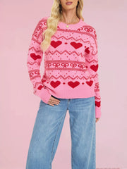 Heart & Bow Pattern Round Neck Sweater Fuchsia Pink OutfitFlow