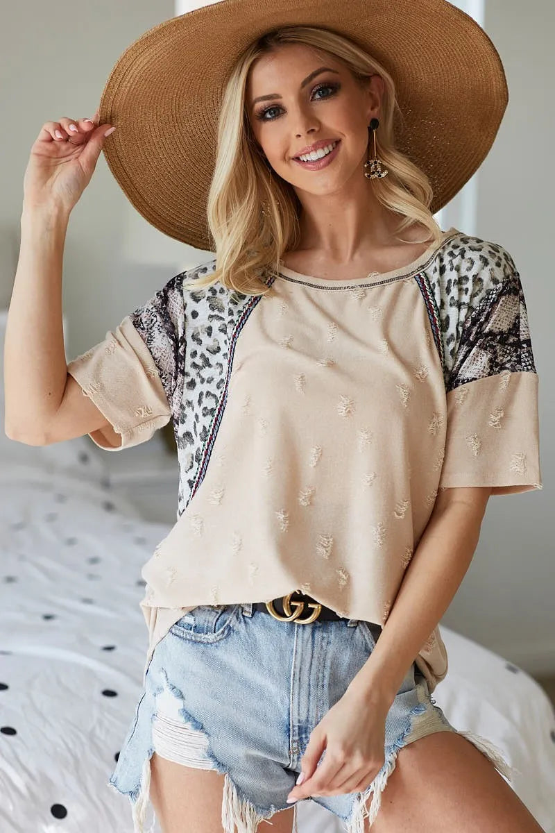 BiBi Distress Jacquard Knit with Leopard Snake Skin Top OutfitFlow