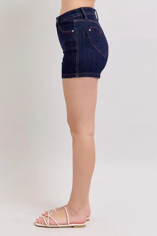 Judy Blue Full Size High Waist Heart Shaped Pkts & Red Contrast Thread Denim Shorts Plus Size OutfitFlow