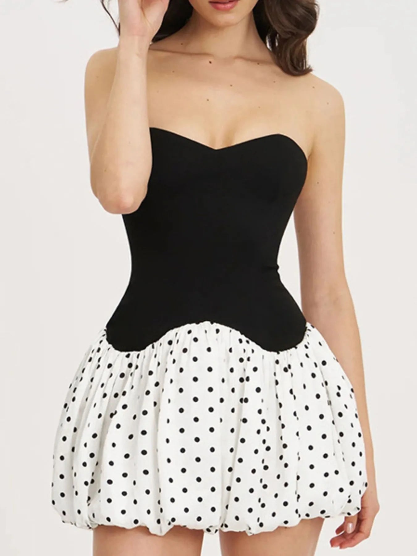 Sweetheart Neck Polka Dot Tube Mini Dress OutfitFlow
