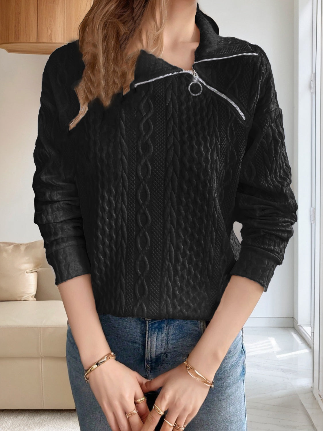 Outfit Flow - Oblique Zipper Collared Neck Long Sleeve Sweatshirt