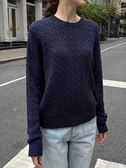Cable-Knit Round Neck Pullover Sweater Dark Blue OutfitFlow