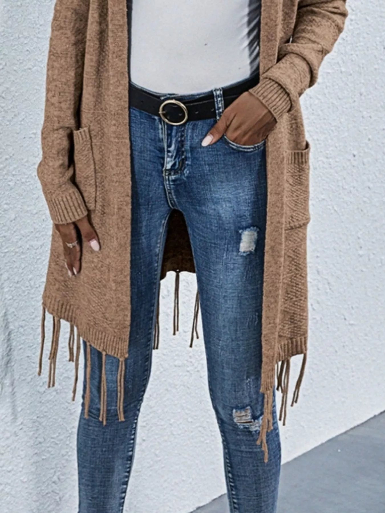 Open Front Fringe Longline Cardigan with Pockets OutfitFlow