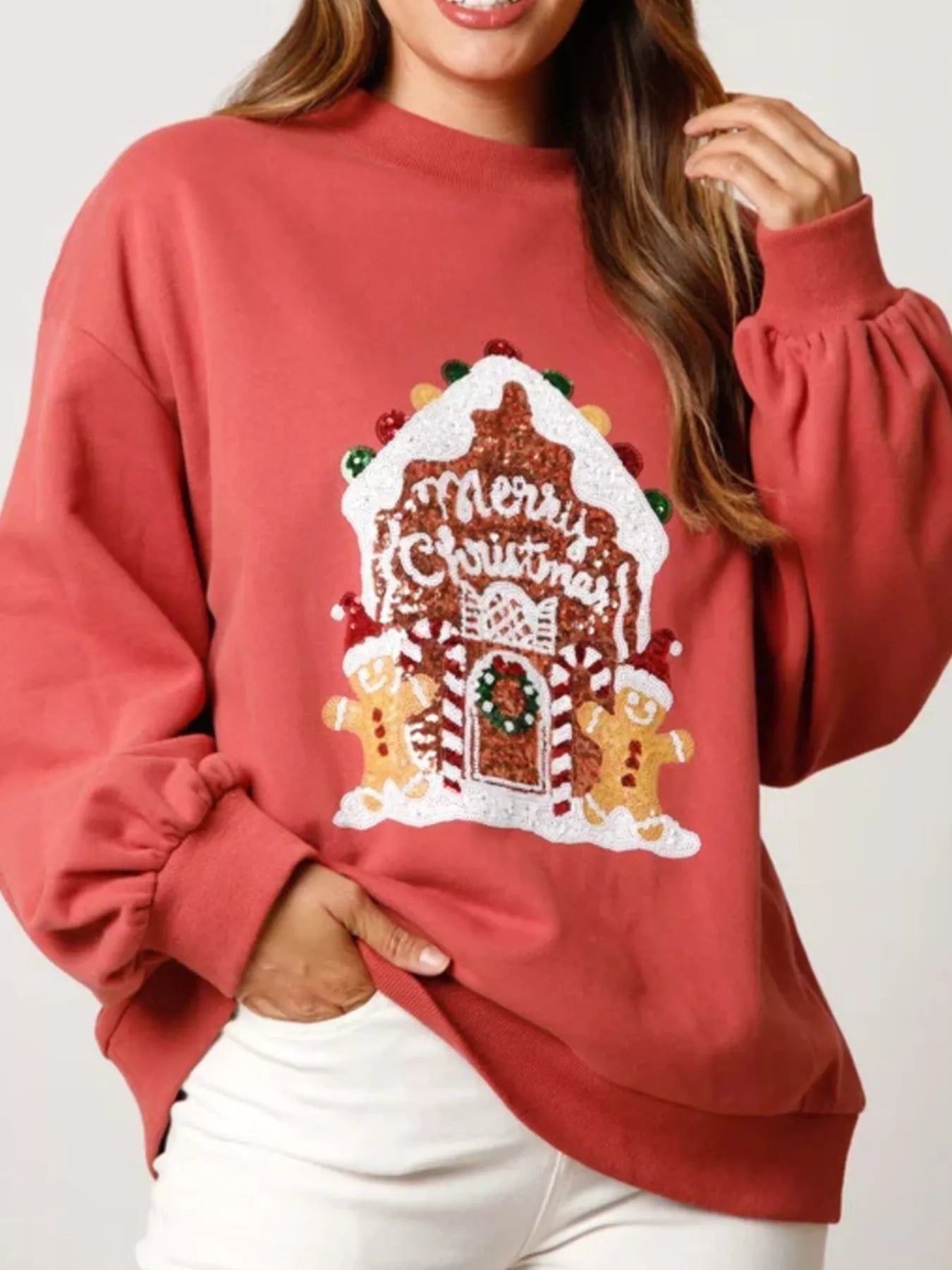 Christmas Sequin Round Neck Sweatshirt Red OutfitFlow