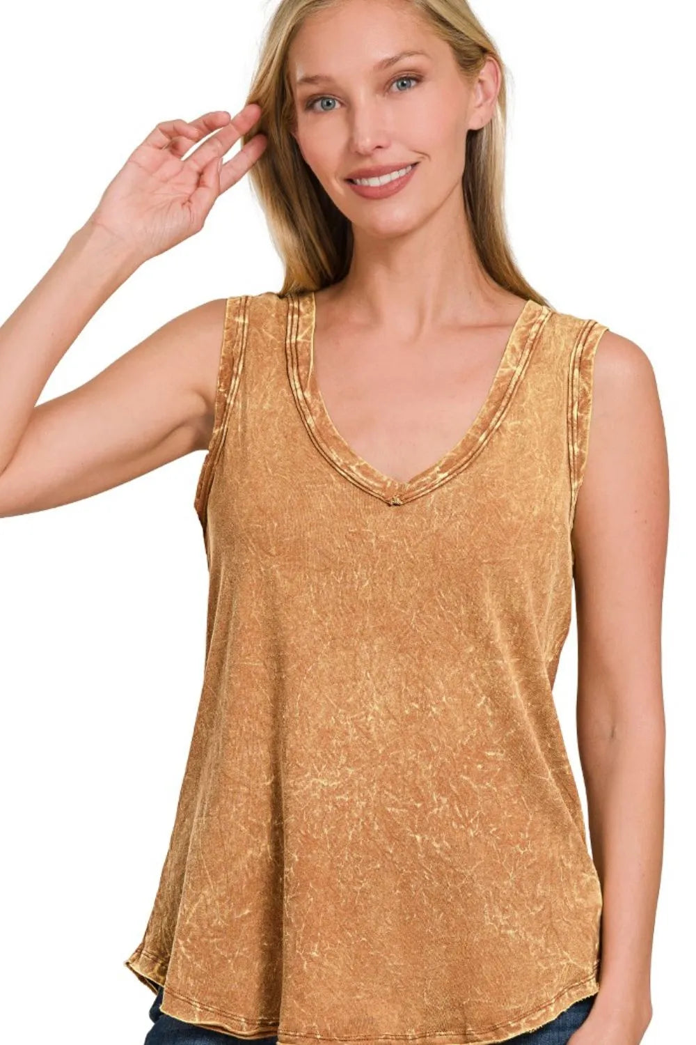 Zenana Crinkle Washed V-neck Sleeveless Top OutfitFlow