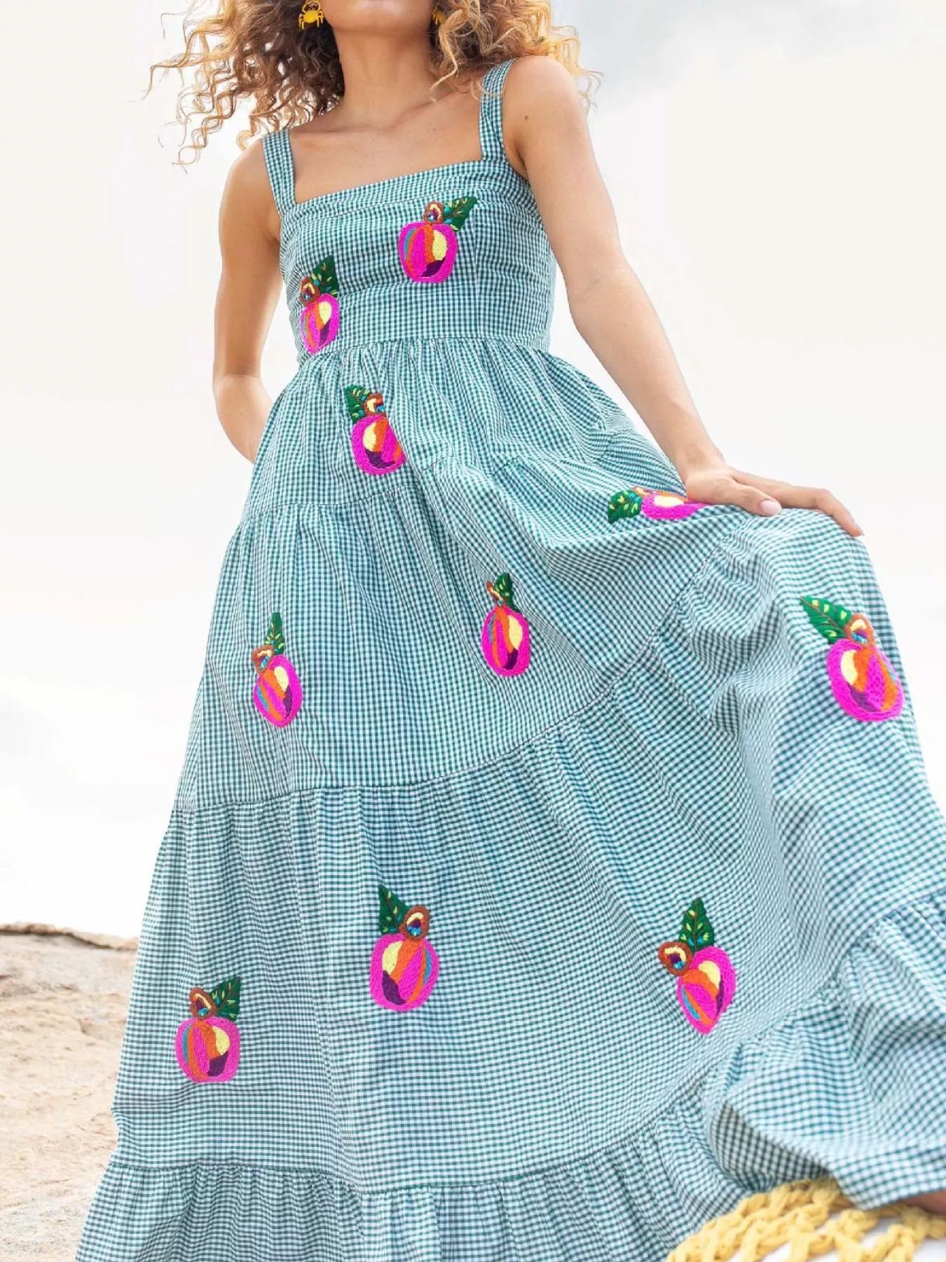 Embroidered Square Neck Tiered Maxi Cami Dress OutfitFlow