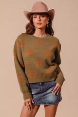 SO ME Pumpkin Rhombus Halloween Thanksgiving Sweater OLIVE RUST OutfitFlow