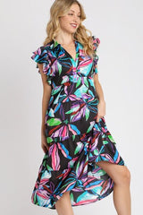 Umgee Full Size Leaf Print Double Layered Ruffle Sleeve Tiered Midi Dress Plus Size OutfitFlow