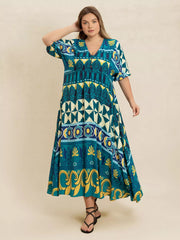 Plus Size Printed V-Neck Half Sleeve Midi Dress OutfitFlow