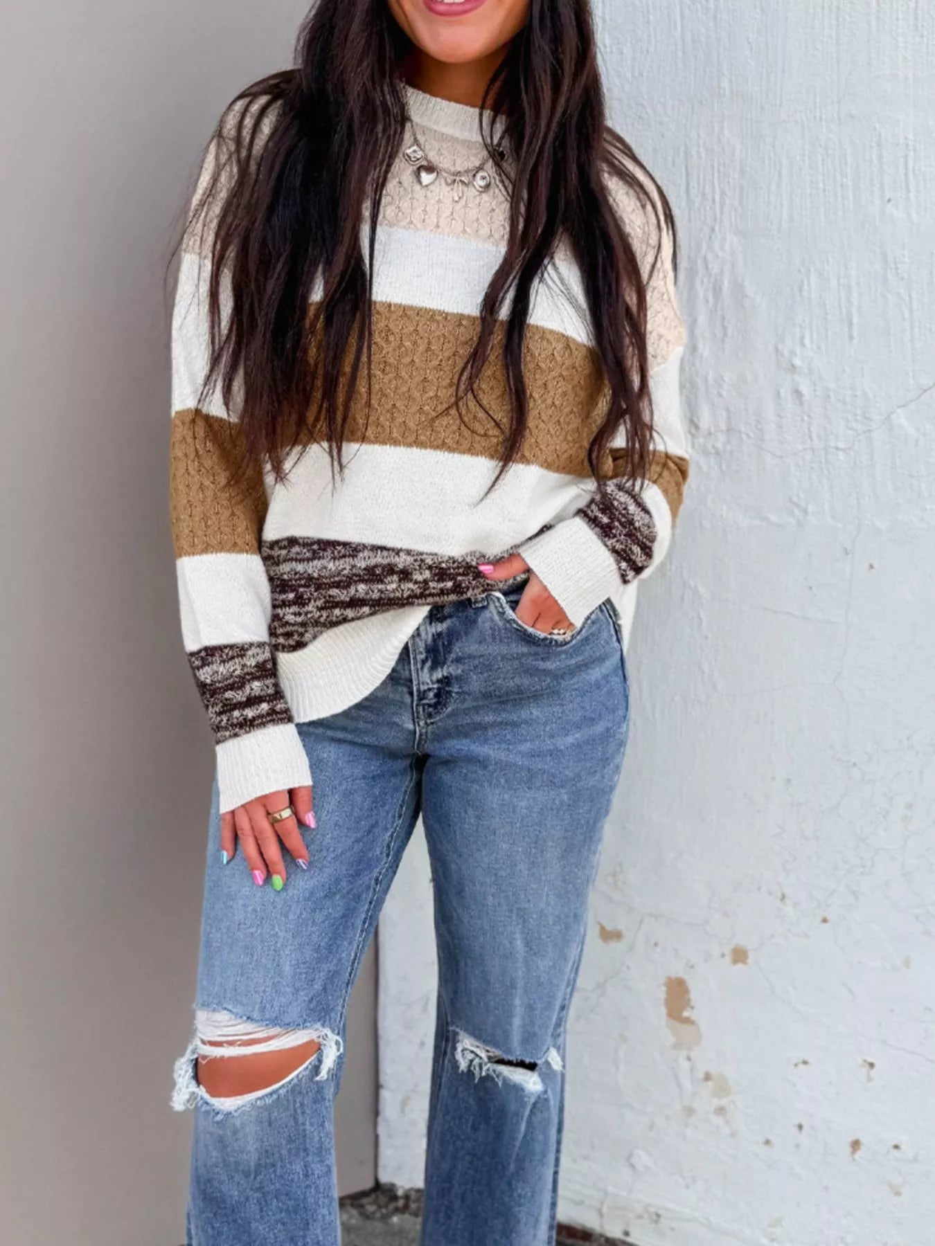 Mixed Texture Knit Striped Color Block Loose Sweater OutfitFlow