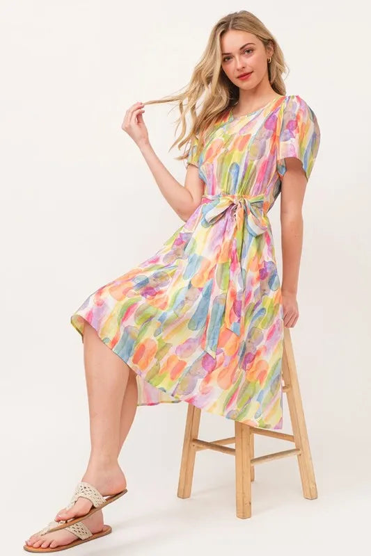 Lime 'N' Chili Watercolor Print Tie Front Midi Dress OutfitFlow