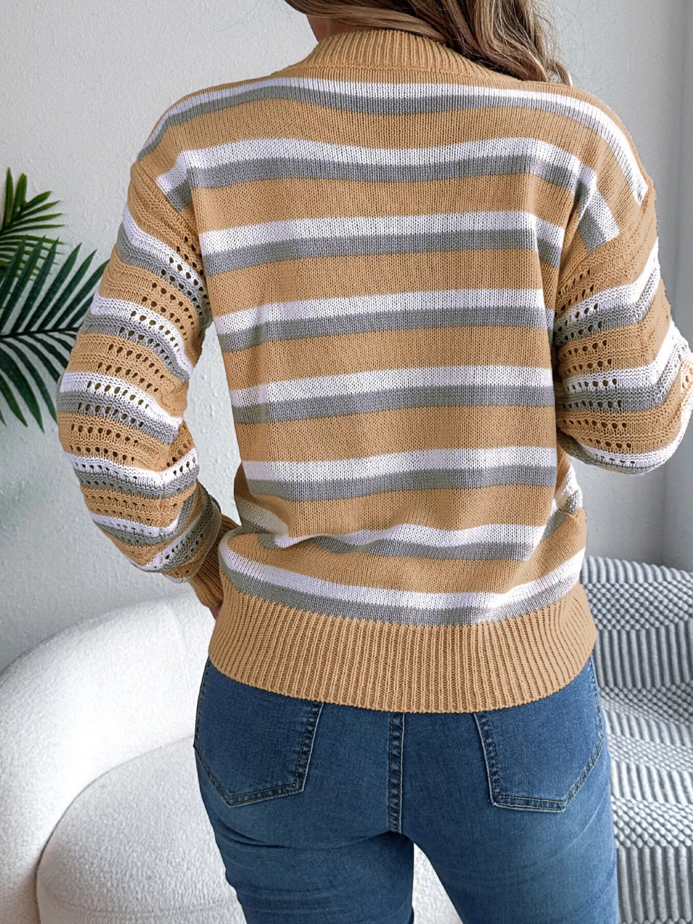 Striped Round Neck Long Sleeve Sweater OutfitFlow