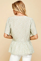 Lime 'N' Chili Ditsy Print V-Neck Short Sleeve Wrap Blouse OutfitFlow