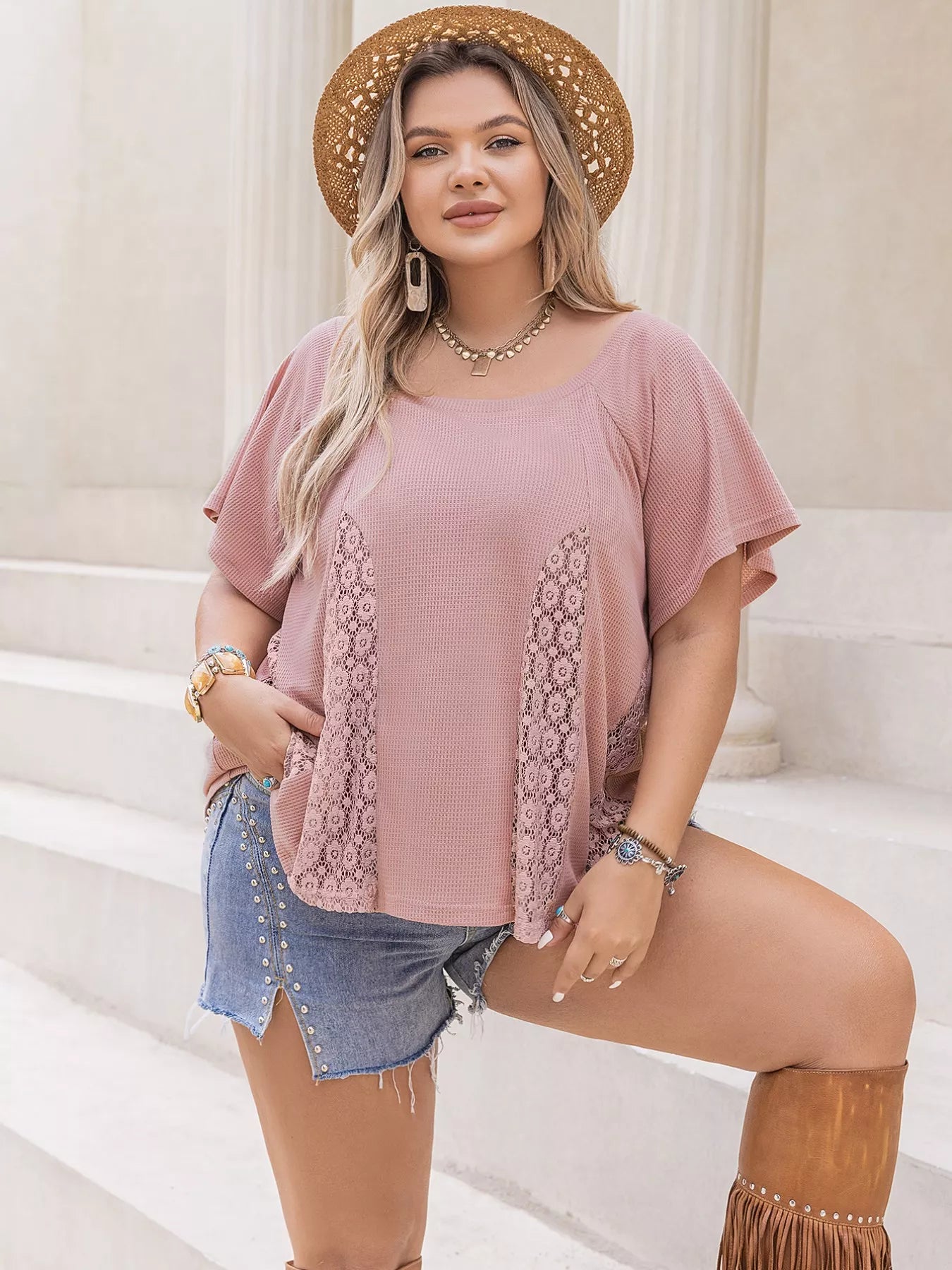 Plus Size Lace Detail Round Neck Short Sleeve T-Shirt OutfitFlow