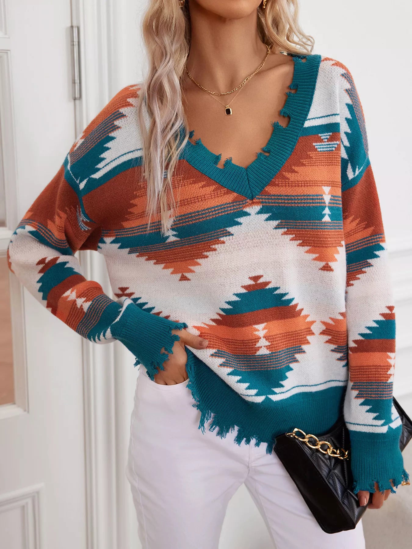 Geometric Frayed Hem V-Neck Long Sleeve Sweater OutfitFlow