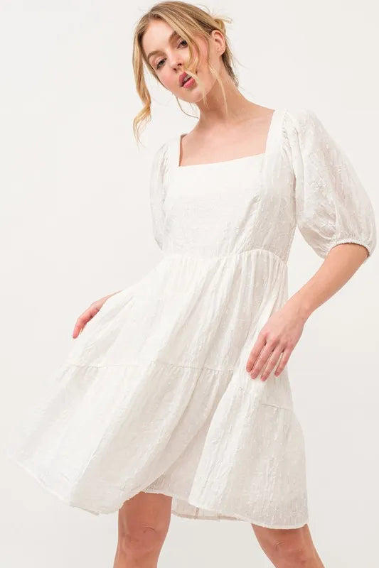 And The Why Square Neck Puff Sleeve Tiered Mini Dress OutfitFlow