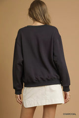 Umgee Round Neck Long Sleeve Fleece Sweatshirt OutfitFlow