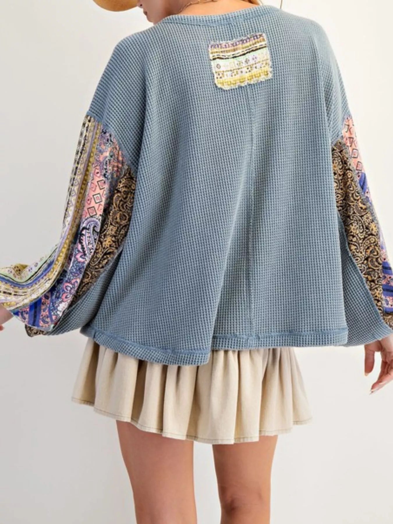 Waffle Knit Round Neck Dropped Shoulder Sweatshirt OutfitFlow