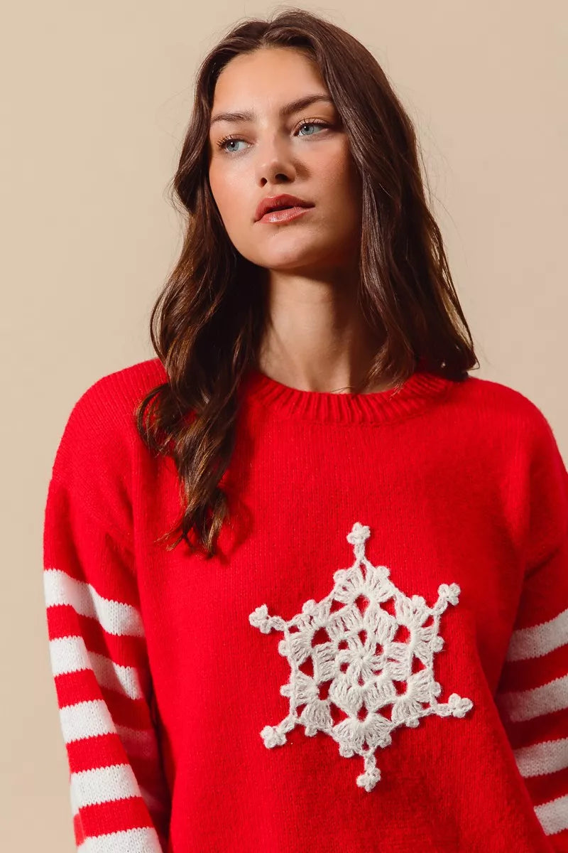SO ME Christmas Snowflake Crochet Embellished Sweater Trendsi