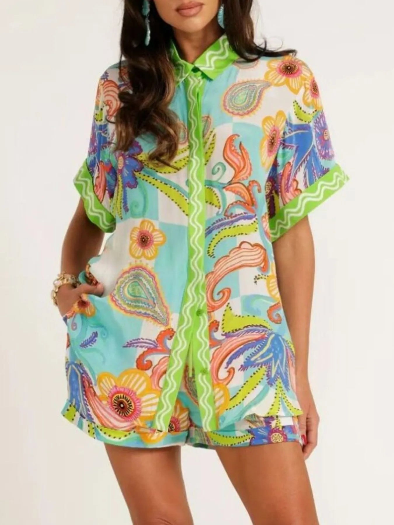 Printed Button Up Shirt and Shorts Set OutfitFlow