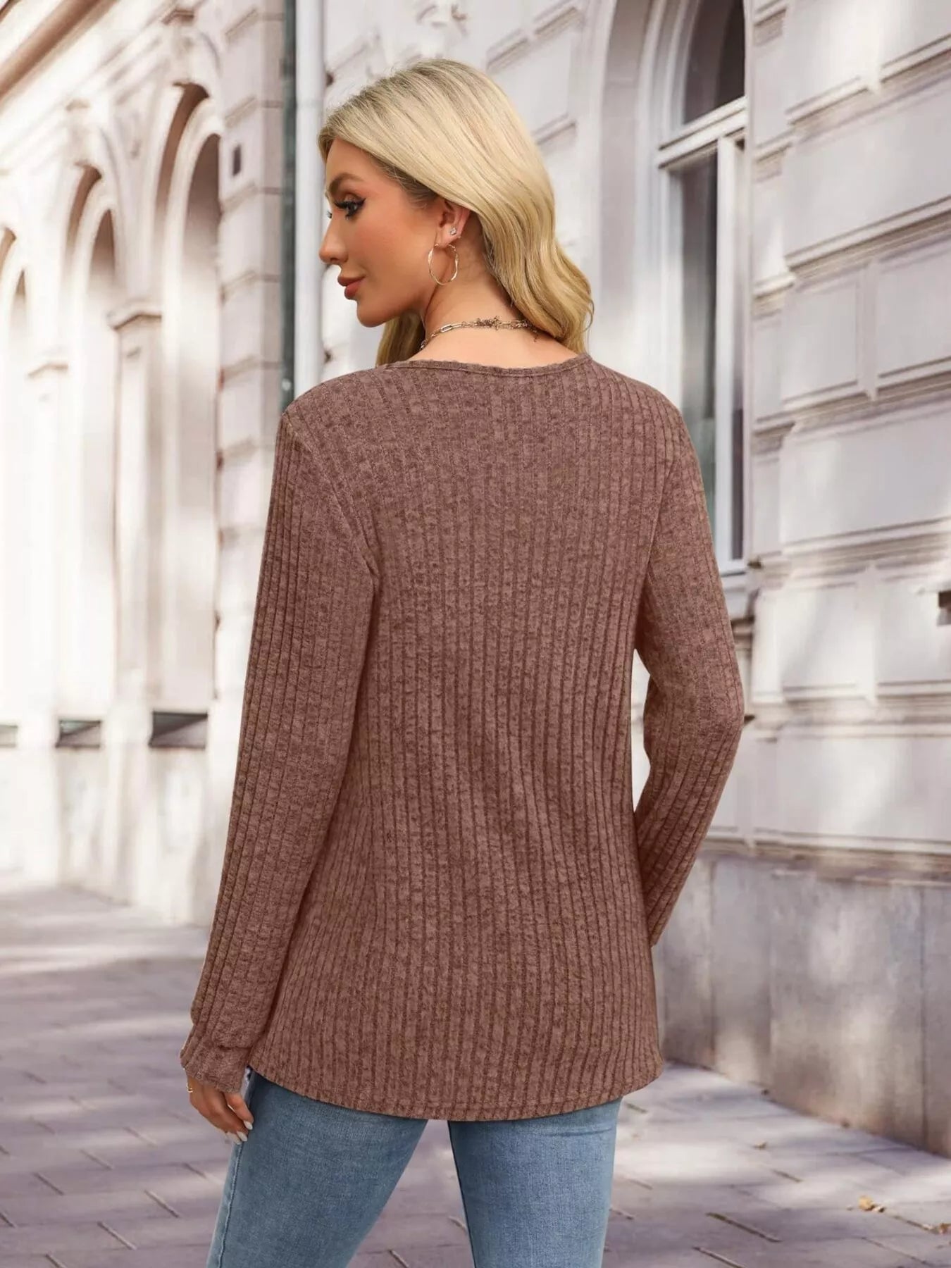 Ribbed Knit Button-Front Long Sleeve T-Shirt OutfitFlow