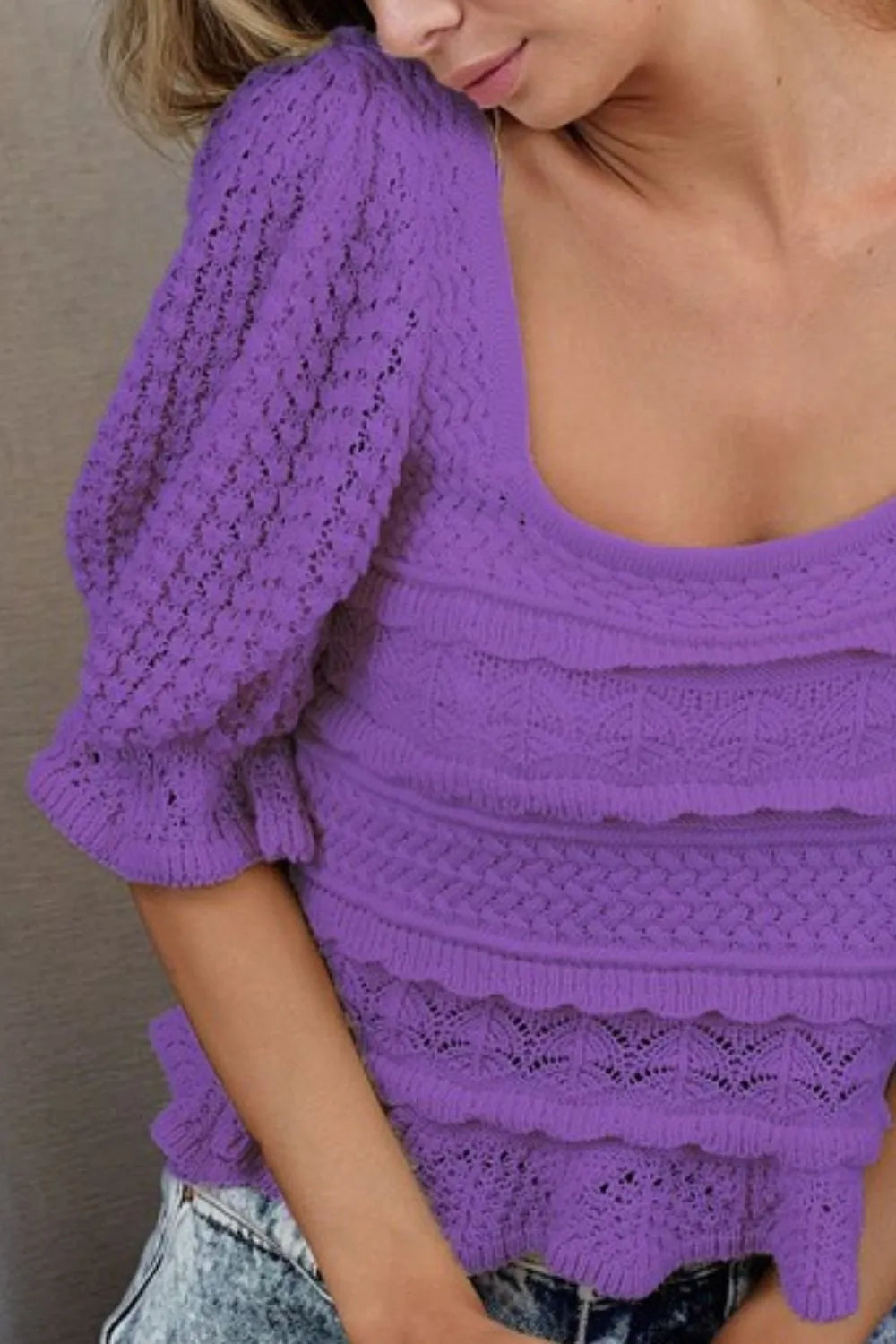 BiBi Square Neckline with Puff Sleeve Crochet Top OutfitFlow