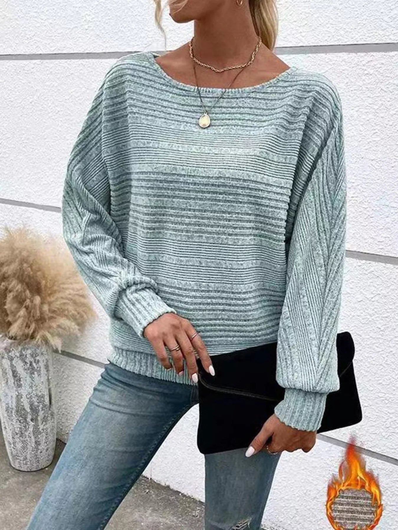 Ribbed Round Neck Long Sleeve Top Light Blue OutfitFlow