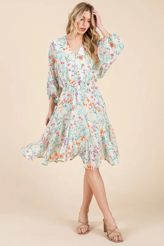 Lime 'N' Chili Floral Cinched Waist Balloon Sleeve V-Neck Dress OutfitFlow