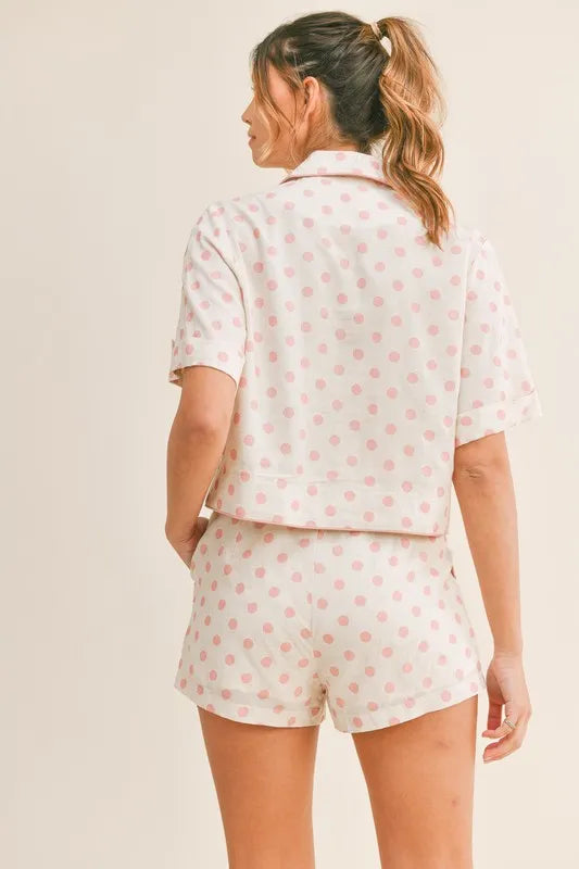 MABLE Polka Dot Collar Crop Top and Short Lounge Set OutfitFlow