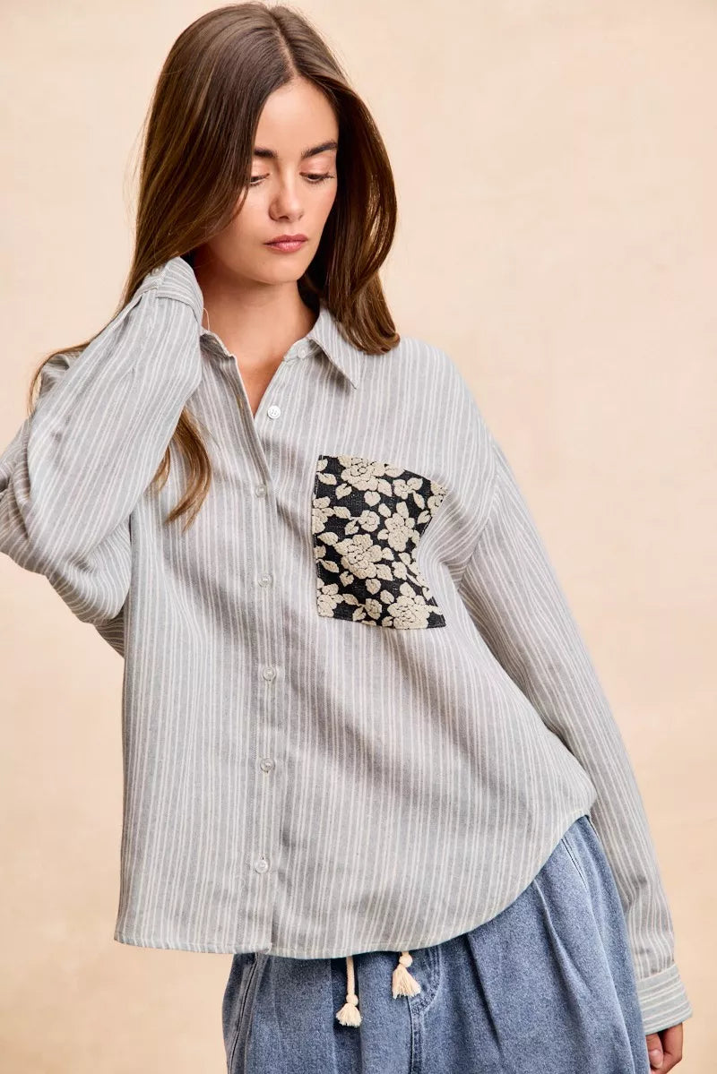 BiBi Flower Jacquard Knit Patch Pocket Stripe Shirt OutfitFlow