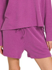 Zenana Corded Rib Long Sleeve Tee and Shorts Set Trendsi