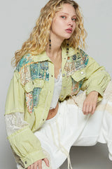 POL Printed Woven Mix Raw Hem Jacket with Lace Detail OutfitFlow