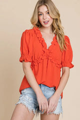 Lime 'N' Chili Solid Ruffled Deep V-Neck Puff Sleeve Babydoll Top OutfitFlow