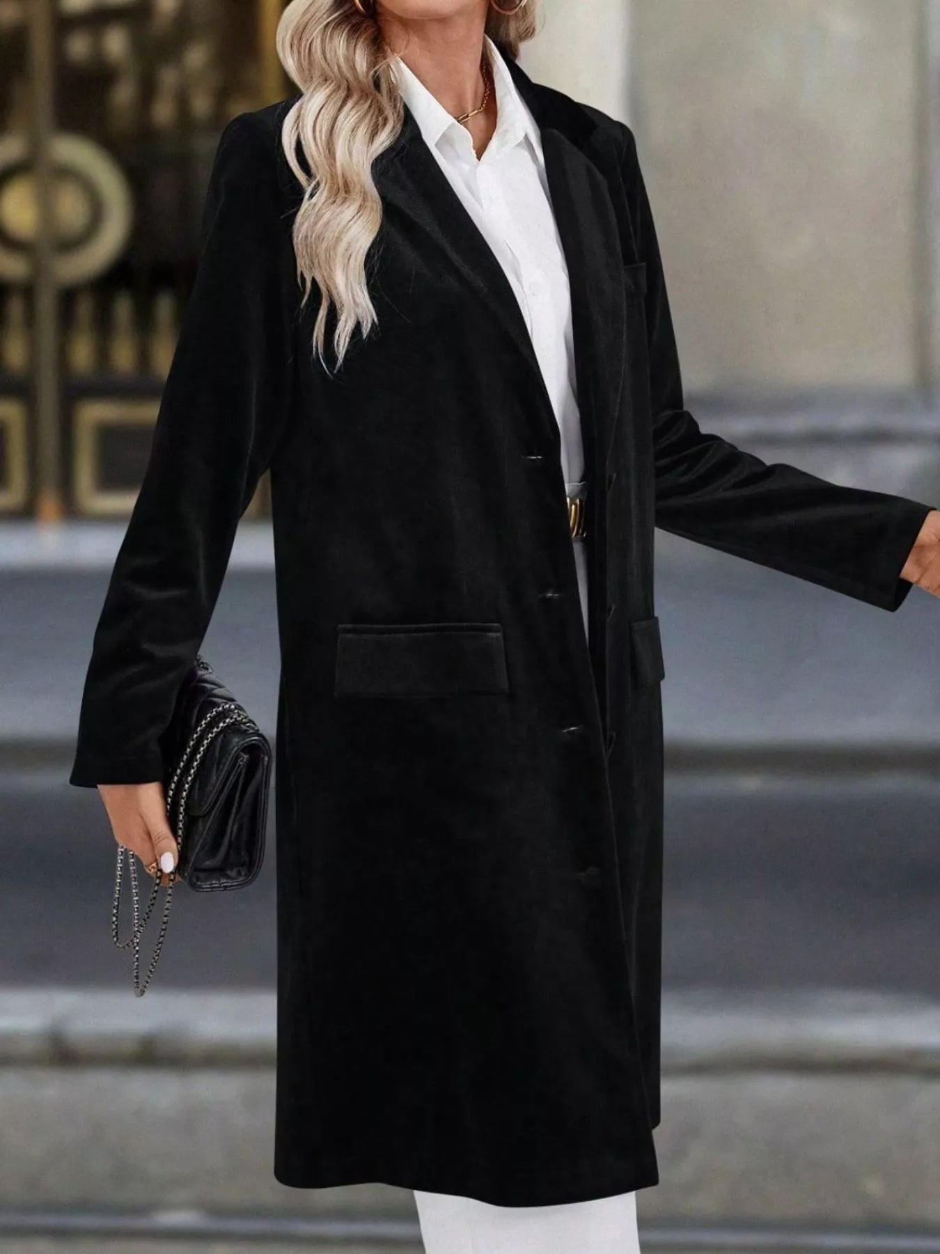 Lapel Collar Long Sleeve Longline Coat OutfitFlow