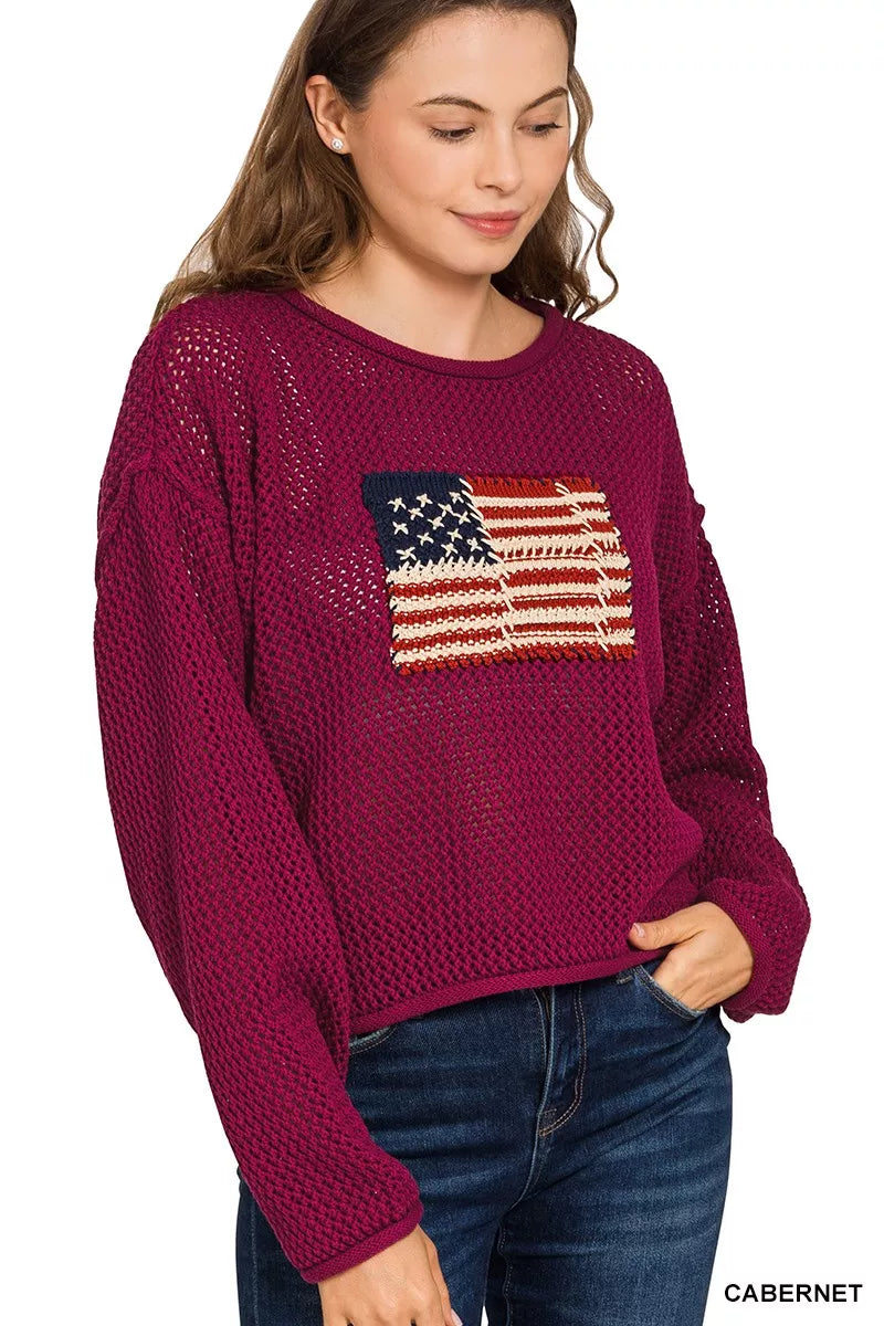 Zenana American Flag Crew Neck Sweater CABERNET OutfitFlow