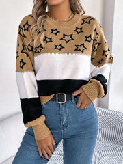 Star Contrast Round Neck Sweater OutfitFlow